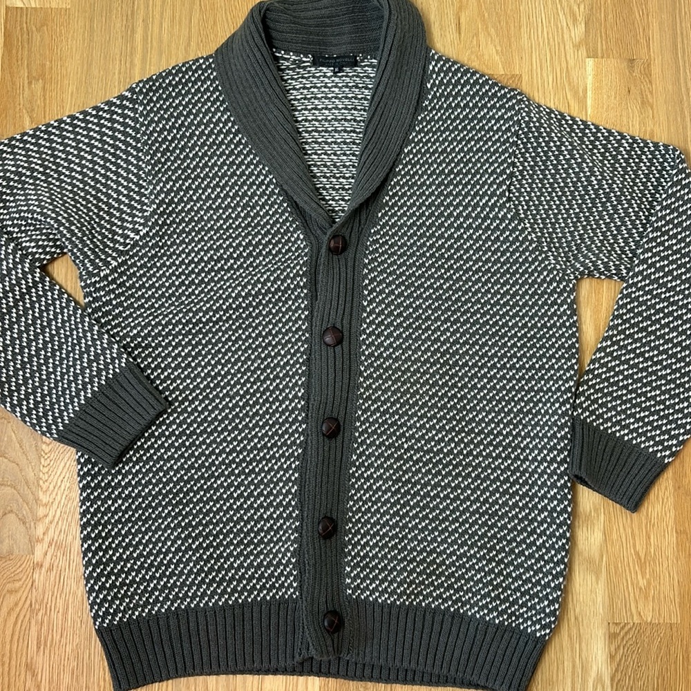 Filippo Novelli Wool Blend Sweater Shawl Button Cardigan Grey White Knit Men XL